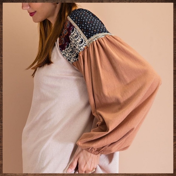 EASEL Tribal Aztec Print Silky Balloon Bubble Sleeve Top Jersey - T-Shirt Bodice - Picture 6 of 12